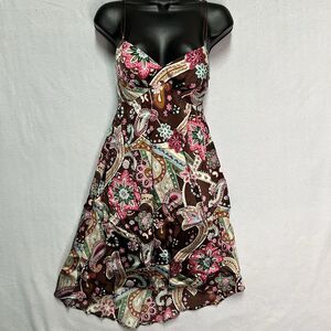 OC OC Paisley Floral Halter Dress Size 6 Brown Pink Y2K Handkerchief Hem Boho